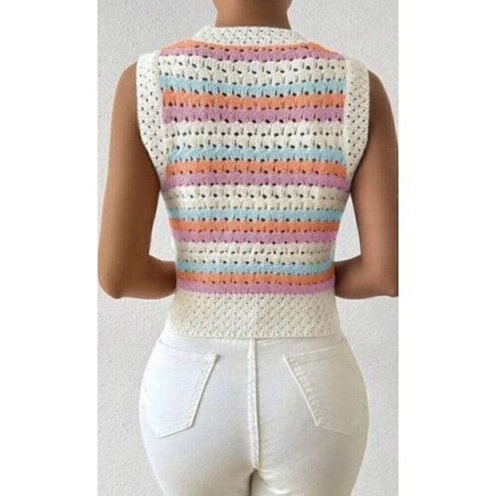 Multicolor Contrast Stripe Hollow Out Sleeveless Knitted Top - Picture 3 of 5